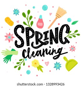 Spring Cleaning Lettering Decorating And Equipment, Housework, Appliance, Domestic Tools, Season. Vector illustration, flat style