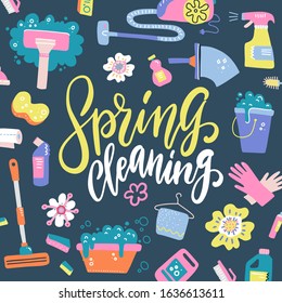 Spring Cleaning Lettering Decorating with Equipment, Housework, Appliance, Domestic Tools pattern. Season cleanup. Flat hand drawn vector illustration on dark background.