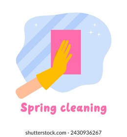 Spring cleaning lettering. Hand in glove cleans window. Flat vector illustration. Clean home and housekeeping concept.