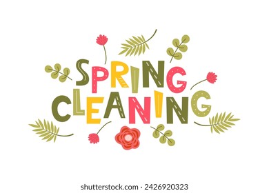 Spring Cleaning Lettering, home cleanup tools and flowers. Spring Cleaning for card, advertising, social media, flyer, poster, banner. Vector illustration