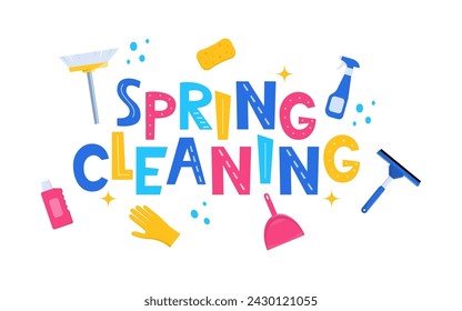 Spring Cleaning Lettering, home cleanup tools and flowers. Spring Cleaning for card, advertising, social media, flyer, poster, banner. Vector illustration