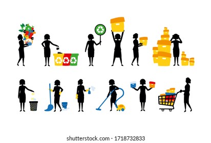 Spring cleaning and messy desk. Office worker stacking documents. Simple black women silhouettes. Charwoman using vacuum cleaner. Colorful recycling dustbins and boxes with documents illustration set.