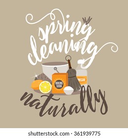 Spring Cleaning naturally with baking soda, vinegar and lemon flat design EPS 10 vector illustration for greeting card, ad, promotion, poster, flier, blog, article, social media, marketing