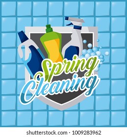 spring cleaning plastic bottles products disinfection tile background
