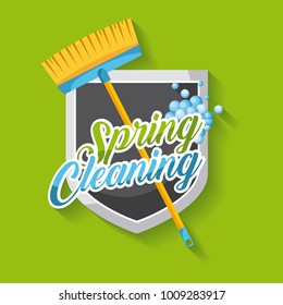 Spring Cleaning Poster With Broom Shield Emblem Clean Bubbles