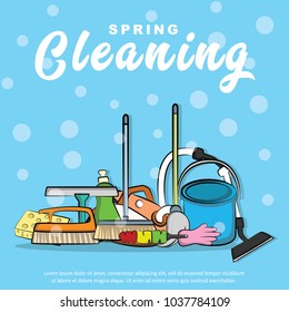 Spring cleaning poster with cleaning equipment on blue background. Vector design