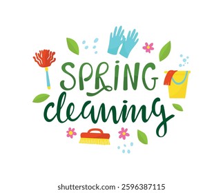 Spring cleaning poster. Seasonal refreshing home and garden. Hand lettering and doodle clean elements, brush broom bucket rubber gloves, neoteric vector print