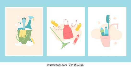 Conjunto de póster de limpieza de primavera. Cubo, guantes de delantal y trapeador de varios Anuncios de herramientas. Elementos de equipo para lavar fondos de casa colección. Concepto de tarjeta de trabajo. Ilustración plana de Vector.