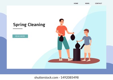 Spring cleaning - seasonal web banner or landing page template with cartoon characters of dad and boy the flat vector illustration. House cleaning concept background.