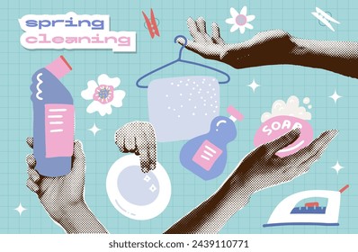 Spring Cleaning service halftone collage paper elements set - hands holding soap, cleaning product, washed clothes on a hanger. Trendy retro vector illustration.