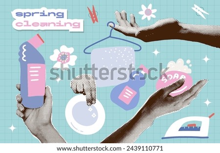 Spring Cleaning service halftone collage paper elements set - hands holding soap, cleaning product, washed clothes on a hanger. Trendy retro vector illustration.