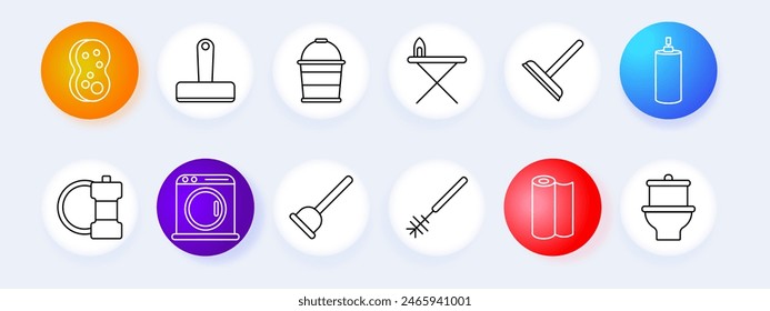 Spring cleaning set icon. Rag, mop, bucket, dirt, stains, water, detergent, shine, brush, toilet, bleach, plunger, washing machine, dust, ironing board, toilet paper, broom. Cleanup concept