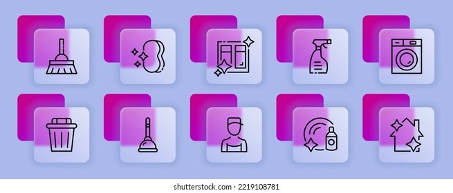 Icono de juego de limpieza de primavera. Esponja, ventana, mopa, cubo, grifo, fontanería, lavadora, lavavajillas. Concepto limpio. Estilo de glasmorfismo. Icono de línea de vector para negocios y publicidad