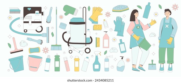 Frühjahrsputz-Set isoliert auf weißem Hintergrund. Haushälterinnen und Saisonwaschmittel Hausartikel und Ausrüstungssammlung. Menschen mit Vakuum, Handschuhe bürsten und versorgen Flaschen. Vektorflache Darstellung.