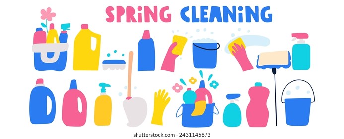 Limpieza de primavera. Set de productos de limpieza, botellas, sprays, esponjas, cucharón, fregona, guantes de goma. Varios artículos para la limpieza. Diseño de vector plano. Ilustraciones dibujadas a mano sobre fondo blanco.