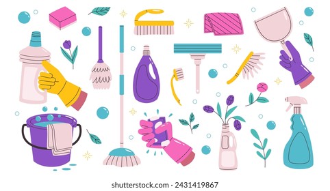 Spring cleaning set. Various cleaning products and tools. Hand drawn flat vector illustration.