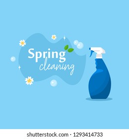 Spring cleaning. Cleaning spray with green leaves and flowers. Vector