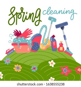 Spring cleaning square background with cleaning tools, equipment in flowering hills field. Flat hand drawn vector illustration for greeting card, ad, promotion, poster, flier, blog, article.