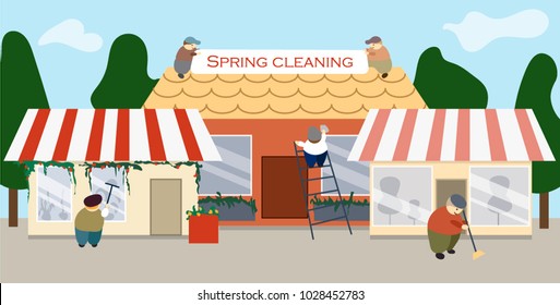 Spring cleaning street poster vector illustration