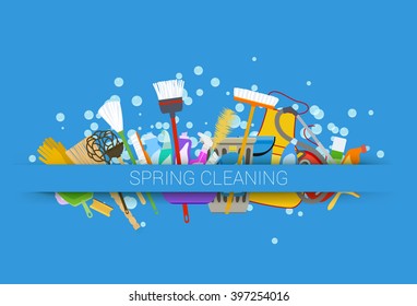 spring cleaning supplies blue background with soap bubbles. vector illustration