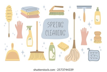 Spring cleaning supplies collection. Eco cleaning tools in Flat design. Household products and accessories. Perfect for eco-friendly concepts, promoting sustainable living