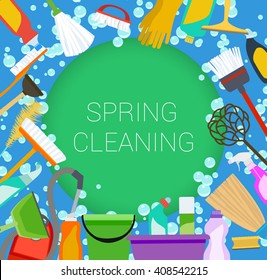 Spring cleaning supplies frame on green and blue. Tools of housecleaning background. Vector