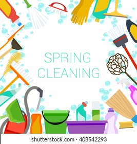 Spring cleaning supplies frame on white Vector