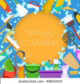 Spring cleaning supplies frame on orange and blue