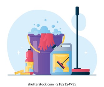 Spring cleaning tools. Bucket with mop and product. Cleaning houses and premises, hygiene and routine, household chores metaphor. Poster or banner for website. Cartoon flat vector illustration