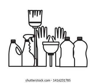 spring cleaning tools gloves plunger broom mop wall tiles vector illustration