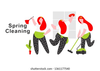 Spring cleaning vector cartoon concept illustration with woman character isolated on a white background.