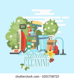 Spring cleaning vector illustration in modern flat style.