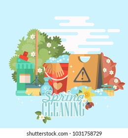 Spring cleaning vector illustration in modern flat style.