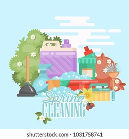 Spring cleaning vector illustration in modern flat style.