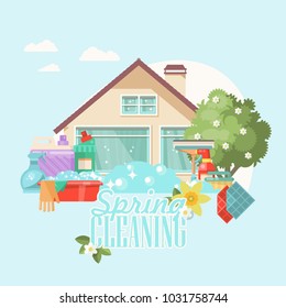 Spring cleaning vector illustration in modern flat style.