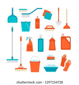 Spring cleaning. Vector set of cleaning tools. Flat vector objects. Clean home. 