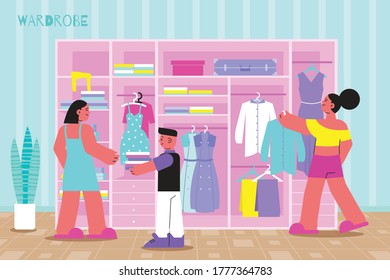 Spring Cleaning Wardrobe Declutter Flat Composition With Family Revising And Disposing Old Clothes Organizing Wearable Items Vector Illustration