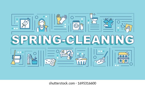 Spring cleaning word concepts banner. Seasonal housework. Wash house surfaces. Infographics with linear icons on turquoise background. Isolated typography. Vector outline RGB color illustration