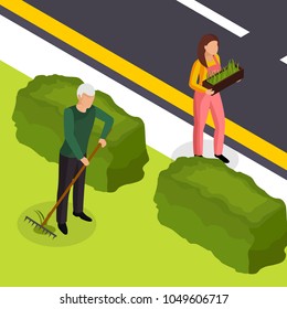 Spring cleaning work outside house isometric composition with grass seeds replenishing lawn raking seedlings planting vector illustration 