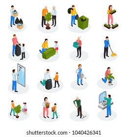 Spring cleaning works isometric icons collection with floor mopping seedling planting garbage collection window washing isolated vector illustration 