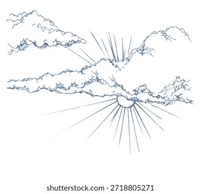 Cena clara do dia do vento da primavera Cor azul brilhante escura desenhada à mão fria frio do inverno fumaça vapor de vapor do vento do vento gravura esboço estilo de arte. Verão cinzento bonito chuva suave abstrato artista texto espaço panorama vista panorâmica cenário pano de fundo design ícone sinal