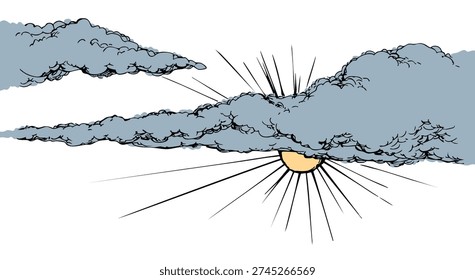 Spring clear windy day scene Dark bright azure blue color hand drawn cold cool winter fume steam vapor wind gale engrav outline artwork style. Cute grey summer soft rain abstract artist text space panoram scenic view scenery backdrop design icon sign