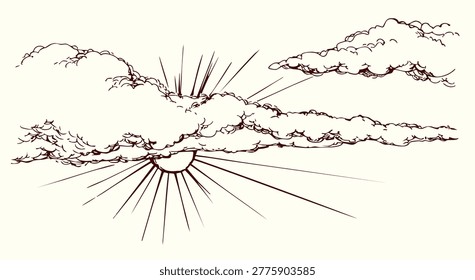 Spring clear windy day scene Dark bright azure blue color hand drawn cold cool winter fume steam vapor wind gale engrav outline artwork style. Cute grey summer soft rain abstract artist text space panoram scenic view scenery backdrop design icon sign