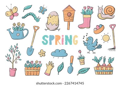 Spring clip art, nursery doodles, stickers, prints, cartoon elements. EPS 10