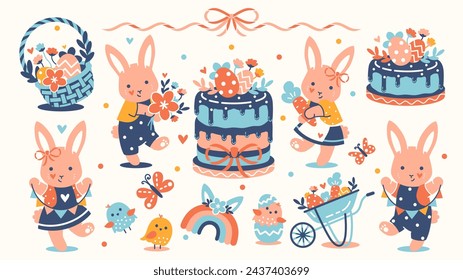 Spring clip art set. Traditional Easter Bunny. Cute funny rabbit in endearing poses, colorful basket with Easter eggs and flowers. Cartoonish vector sticker set for charming Easter-themed content.