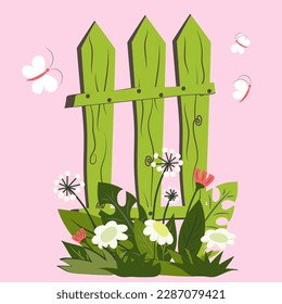 Spring clip art with wild flowers, butterflies and green fence. Dandelions, tulips, daisies