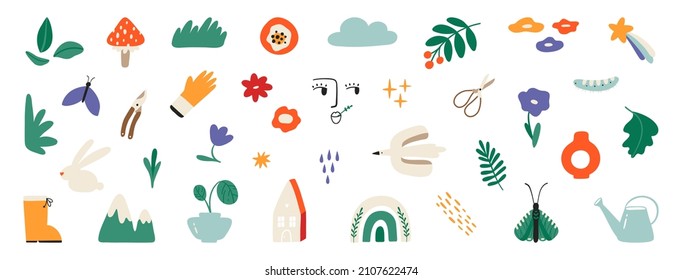 Spring clipart. Abstract flowers, plants, bird, butterfly, rainbow, garden tools, face, mountain. Set of various spring elements in a simple flat style.Vector illustration isolated on white background