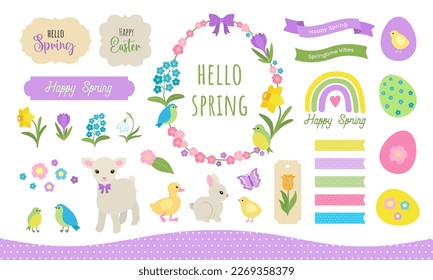 Spring clipart set  Cute springtime icons and eggs  animals  birds  flowers  leaves  Banner label tag design elements and text  Easter flat design graphics collection  Cottagecore theme 