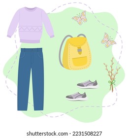Spring clothes set pullover, jeans, backpack, sneakers. Flat style. Vector illustration 