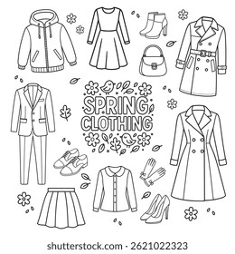 Spring clothing icon set. Black and white vector line illustration with coat, dress, shoes, and flowers